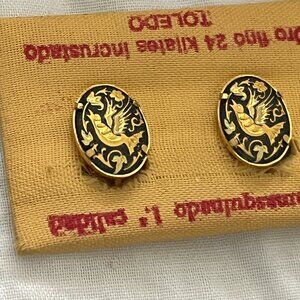 Toledo 24Kt gold encrusted Damascene CLIP ON earrings birds NWT VINTAGE